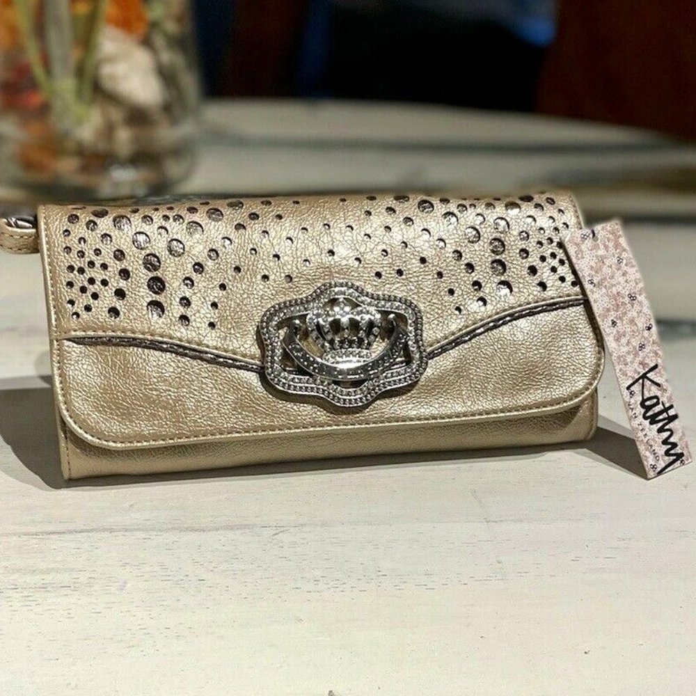 Kathy Van Zeeland Crossbody Purse Metallic Champagne and Bronze Chunky Silver